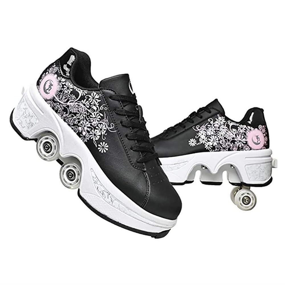 DOOK Double-Row Deform Wheel Automatic Walking Shoes Invisible Deformation Roller Skate 2 in 1 Removable Pulley Skates Skating Rollerskates Outdoor Parkour for Girls Boys,Black Powder, US 6