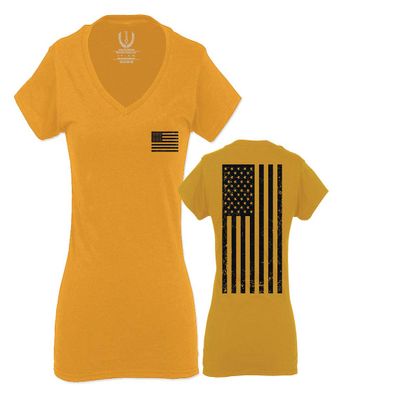 0021. Vintage American Flag United States of America Military us USA Patriotic Style for Women V Neck Fitted T Shirt (Gold X Small)