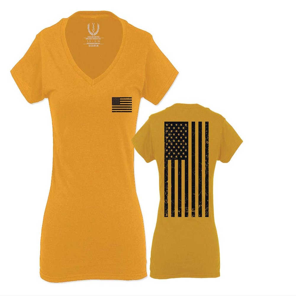0021. Vintage American Flag United States of America Military us USA Patriotic Style for Women V Neck Fitted T Shirt (Gold X Small)