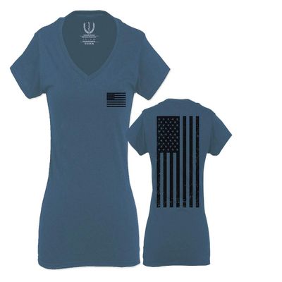 0021. Vintage American Flag United States of America Military us USA Patriotic Style for Women V Neck Fitted T Shirt (Indigo Blue X Small)