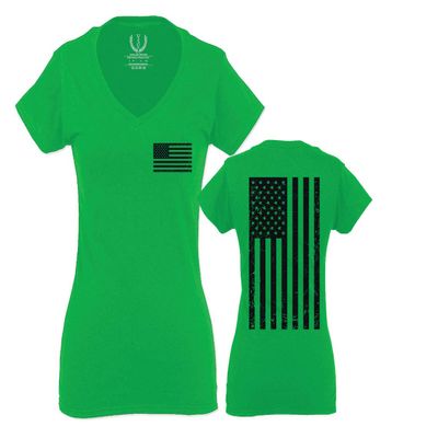 0021. Vintage American Flag United States of America Military us USA Patriotic Style for Women V Neck Fitted T Shirt (Irish GreenX Small)