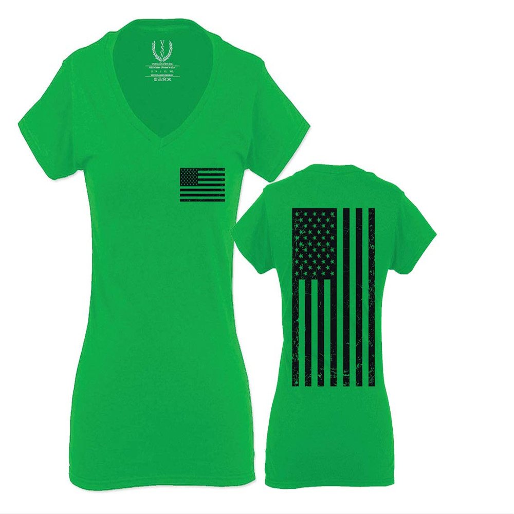 0021. Vintage American Flag United States of America Military us USA Patriotic Style for Women V Neck Fitted T Shirt (Irish GreenX Small)