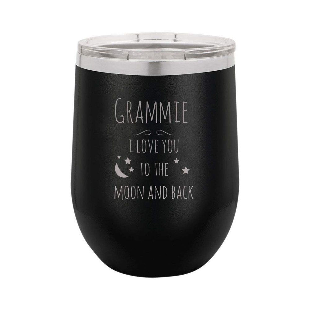 Grammie - I Love you to the Moon and Back - Insulated 12-Ounce Engraved Wine Stainless Steel Travel Tumbler Mug, Lid