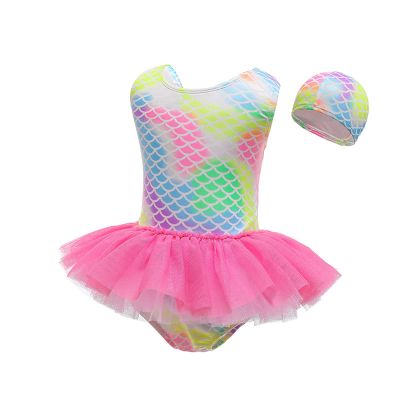 Kaerm Kids Girls One Piece Mermaid Romper Bodysuit Swimsuit Criss Cross Monokini Bathing Suit with Hat Rose Red 4