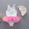 Kaerm Kids Girls One Piece Mermaid Romper Bodysuit Swimsuit Criss Cross Monokini Bathing Suit with Hat Rose Red 4 view 3