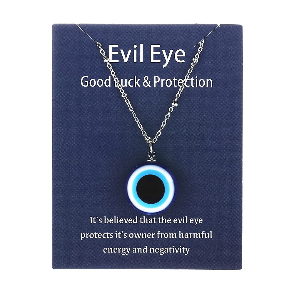 COLORFUL BLING Turkish Blue Evil Eye Pendant Necklace Lucky Amulet Kabbalah Protection Adjustable Chain Wish Card for Women -Silver