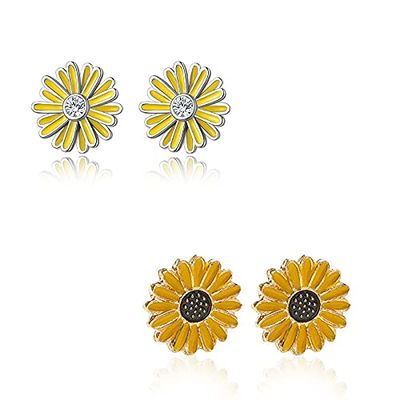 Sunflower Stud Earrings Set Enamel Crystal Daisy Flower for Women Bohemian Summer Jewelry Mother's Day Gifts-2 Pairs