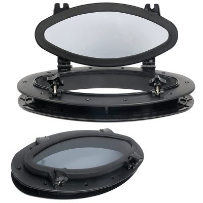 Amarine made Set of 2 Boat Yacht Elliptical Oval Opening Portlight Porthole 16 X 8-5/8 Replacement Window Port Hole - ABS , Tempered Glass, Color: White, Black (Black)