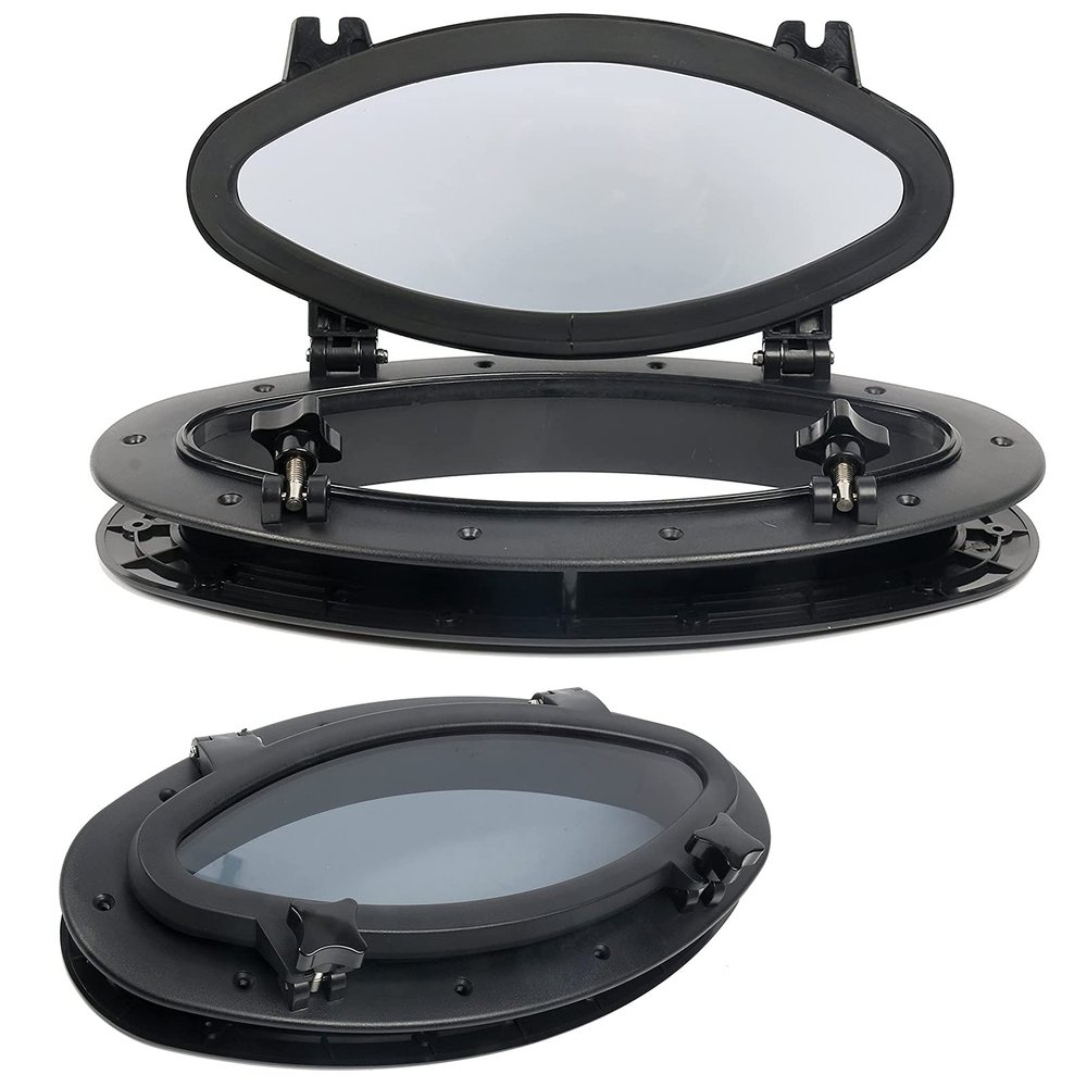Amarine made Set of 2 Boat Yacht Elliptical Oval Opening Portlight Porthole 16 X 8-5/8 Replacement Window Port Hole - ABS , Tempered Glass, Color: White, Black (Black)