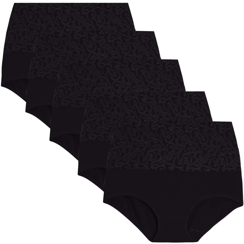 YaShaer Women's Briefs Underwear Cotton High Waist Tummy Control Panties Jacquard Ladies Panty 5 Pack Black M