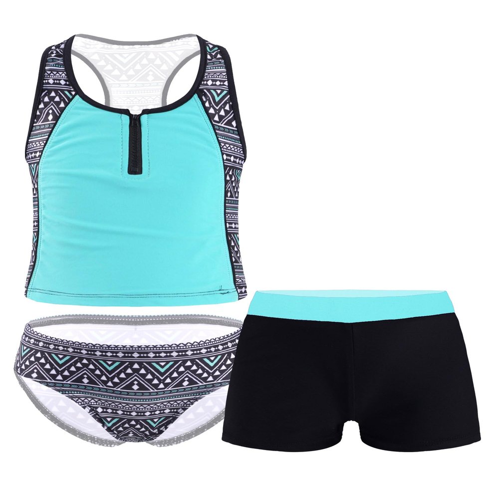 YONGHS 3PCs Girls Swimsuit Sleeveless Rash Guard Triangle Bikinis Tankini Sets with Swim Boyshorts Mint Green 6