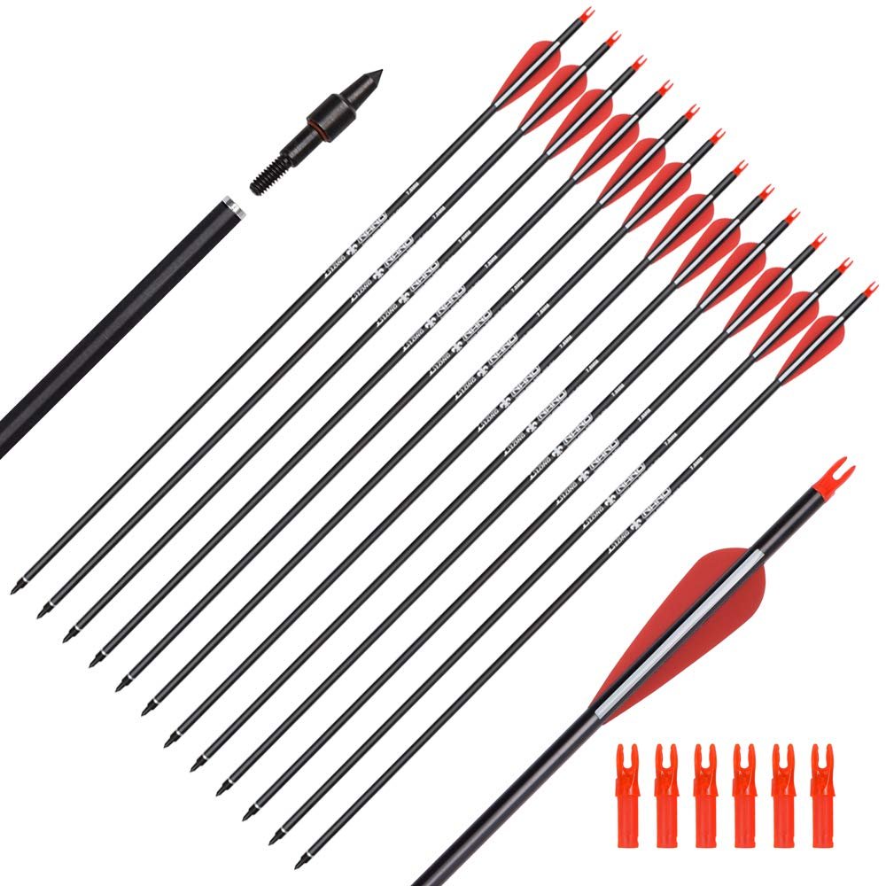 Elong 12PCS 28" Arrows for Compound Bows,Carbon Hunting Arrows for Archery Spine 500 with 100 Grain Screw Tips, for Compound & Recurve & Traditional Bow(with 6 Extra Nocks)