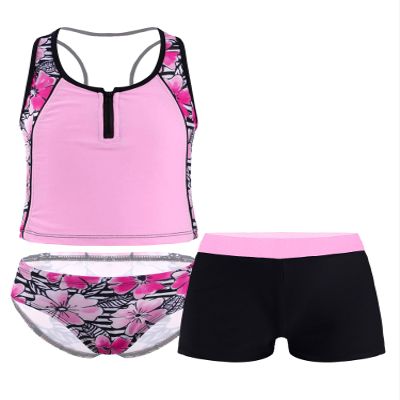 YONGHS 3PCs Girls Swimsuit Sleeveless Rash Guard Triangle Bikinis Tankini Sets with Swim Boyshorts Pink 16