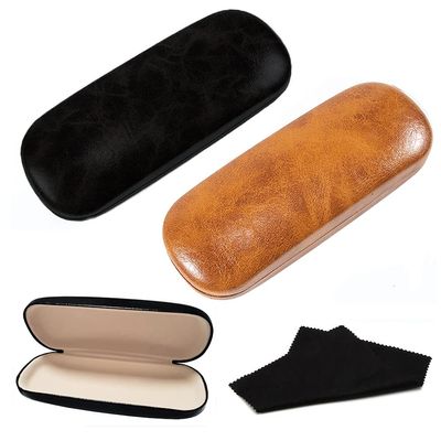 Babasee 2 Pack Hard Shell Glasses Case for Women Men Leather Eyeglass Case Eyeglasses Protective Cases Black and Brown Medium