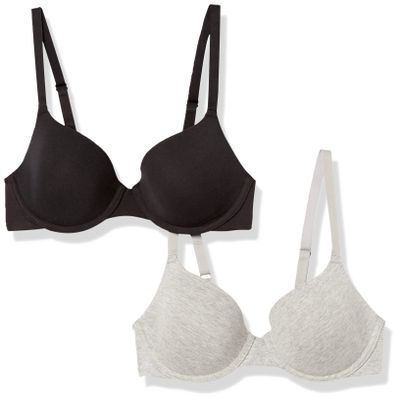 Amazon Essentials T-Shirt Bras for Women, Comfortable Underwire, Pack of 2, Black/Grey Heather, 34A