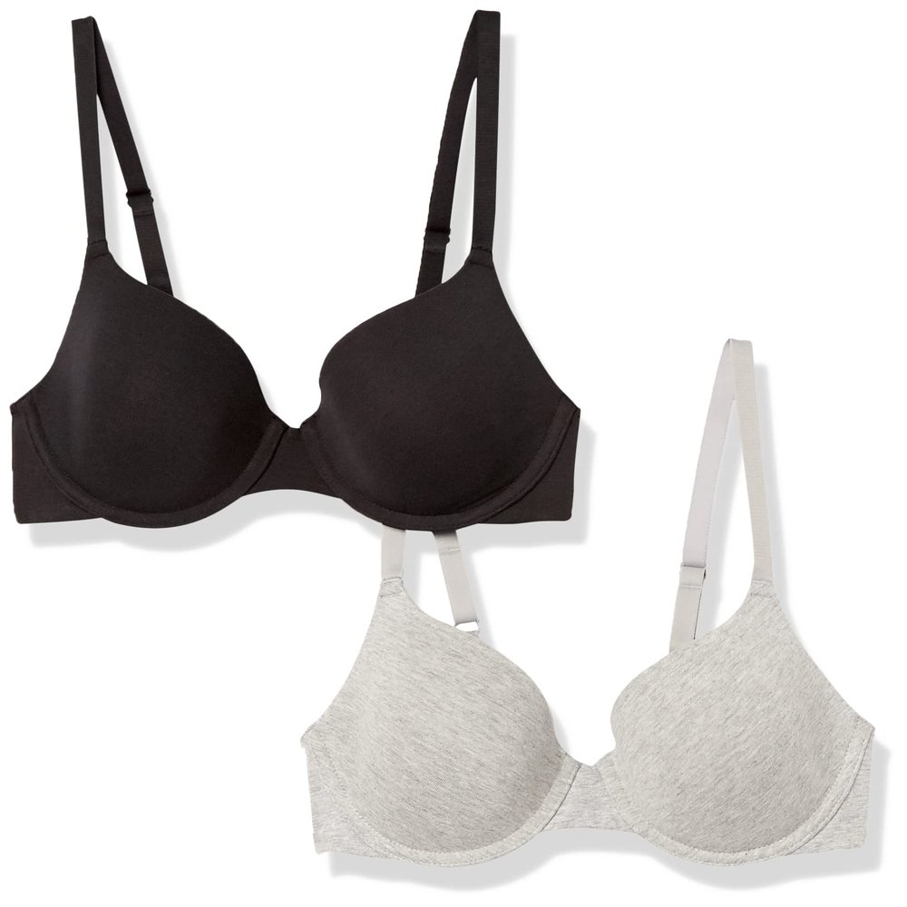 Amazon Essentials T-Shirt Bras for Women, Comfortable Underwire, Pack of 2, Black/Grey Heather, 34A