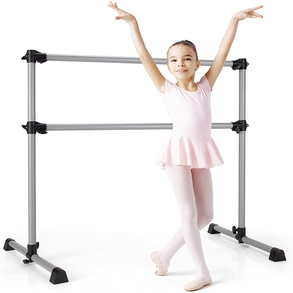 Costzon Portable Ballet Barre, 7-47 Adjustable Double Freestanding Ballet Bar w/Stable Base, 4FT Fitness Ballet Bar for Kids Adults, Heavy-Duty Dancing Stretching Bar for Home (Silver)
