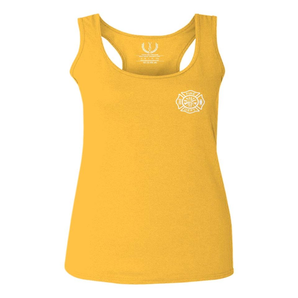 0058. American Flag Thin Red Line Firefighter Support Seal Women's Tank Top Racerback (Gold Small)