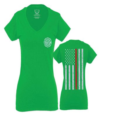 0058. American Flag Thin Red Line Firefighter Support Seal for Women V Neck Fitted T Shirt (Irish Green Medium)