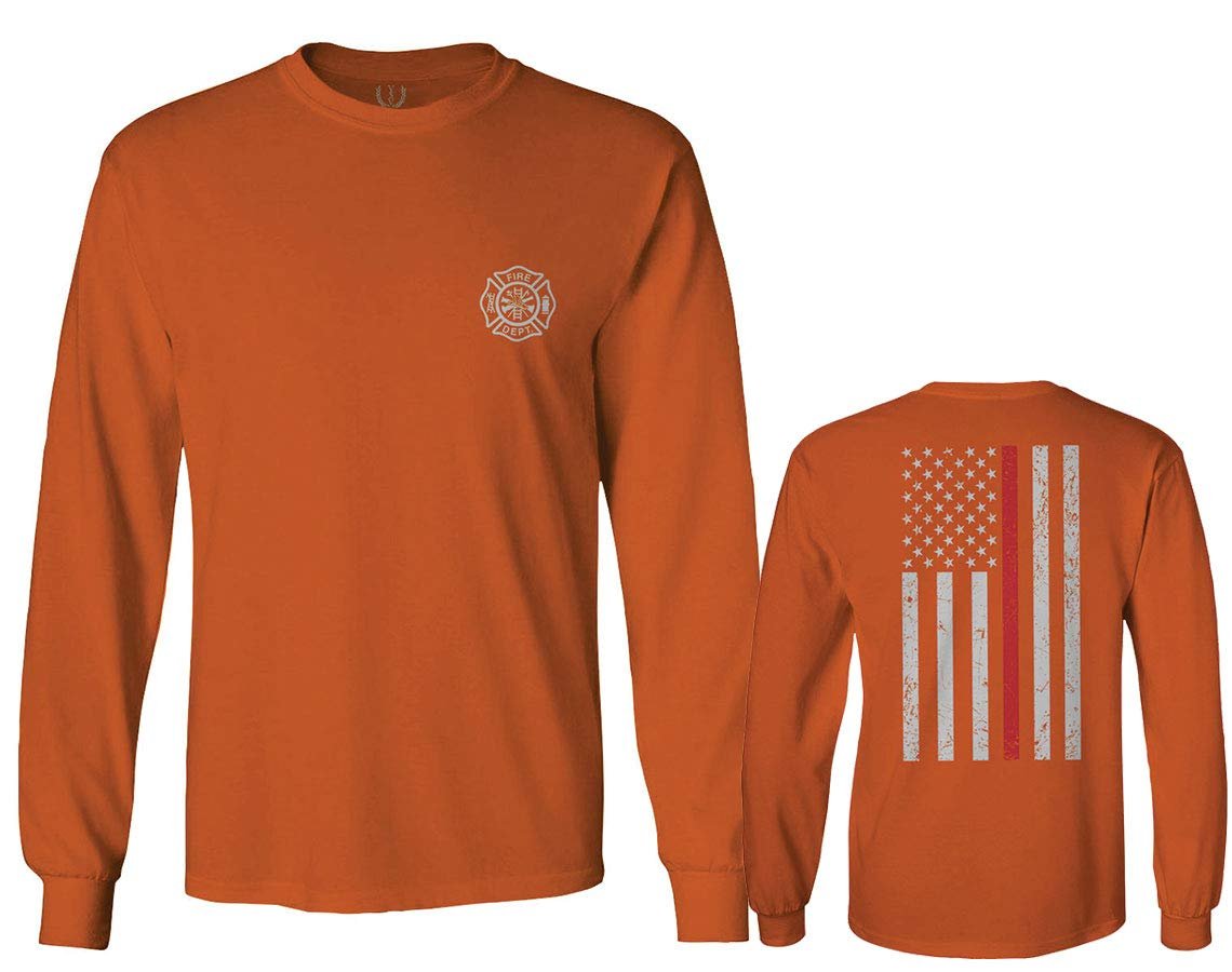 0058. American Flag Thin Red Line Firefighter Support Seal Men's Long Sleeve t Shirt (Orange X-Large)
