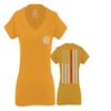0058. American Flag Thin Red Line Firefighter Support Seal for Women V Neck Fitted T Shirt (Gold Medium)