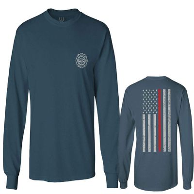 0058. American Flag Thin Red Line Firefighter Support Seal Men's Long Sleeve t Shirt (Indigo Blue Small)