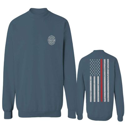 0058. American Flag Thin Red Line Firefighter Support Seal Men's Crewneck Sweatshirt (Indigo Blue Large)