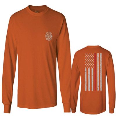 0058. American Flag Thin Red Line Firefighter Support Seal Men's Long Sleeve t Shirt (Orange Small)