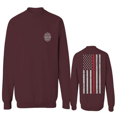 0058. American Flag Thin Red Line Firefighter Support Seal Men's Crewneck Sweatshirt (Maroon Small)