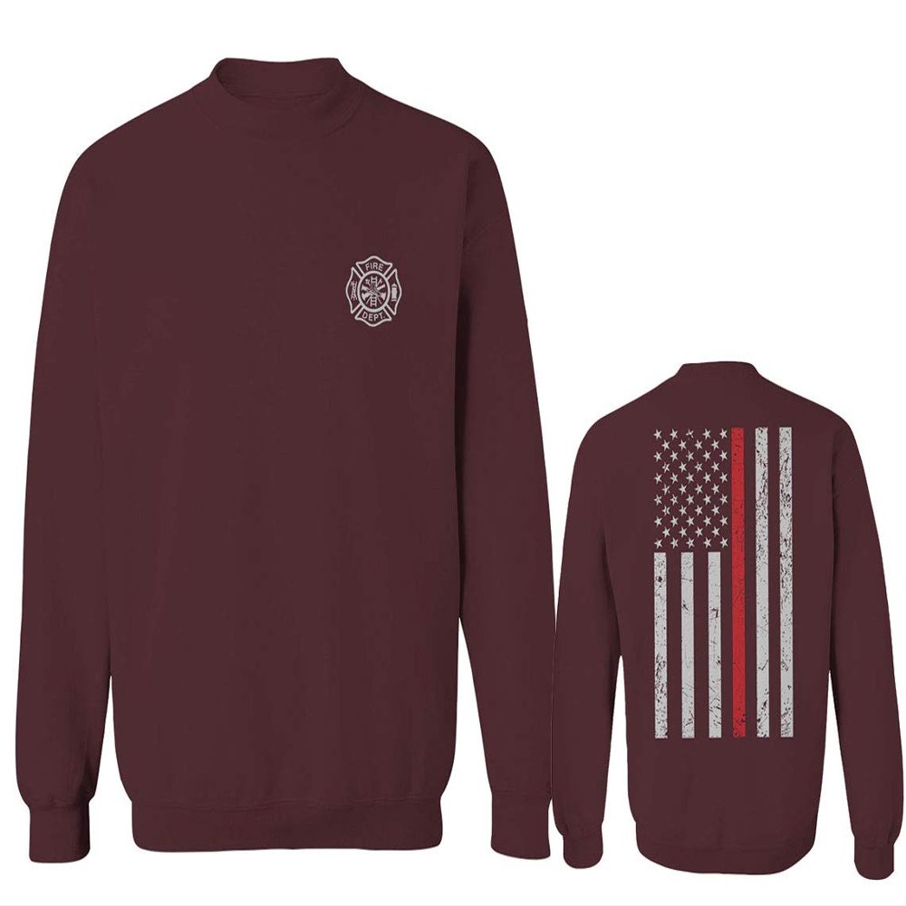0058. American Flag Thin Red Line Firefighter Support Seal Men's Crewneck Sweatshirt (Maroon Small)