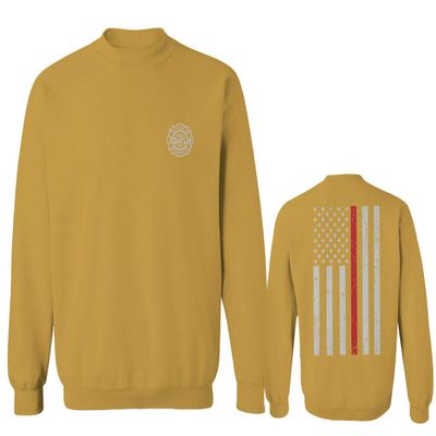 0058. American Flag Thin Red Line Firefighter Support Seal Men's Crewneck Sweatshirt (Gold X-Large)