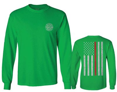 0058. American Flag Thin Red Line Firefighter Support Seal Men's Long Sleeve t Shirt (Irish Green 2X Large)