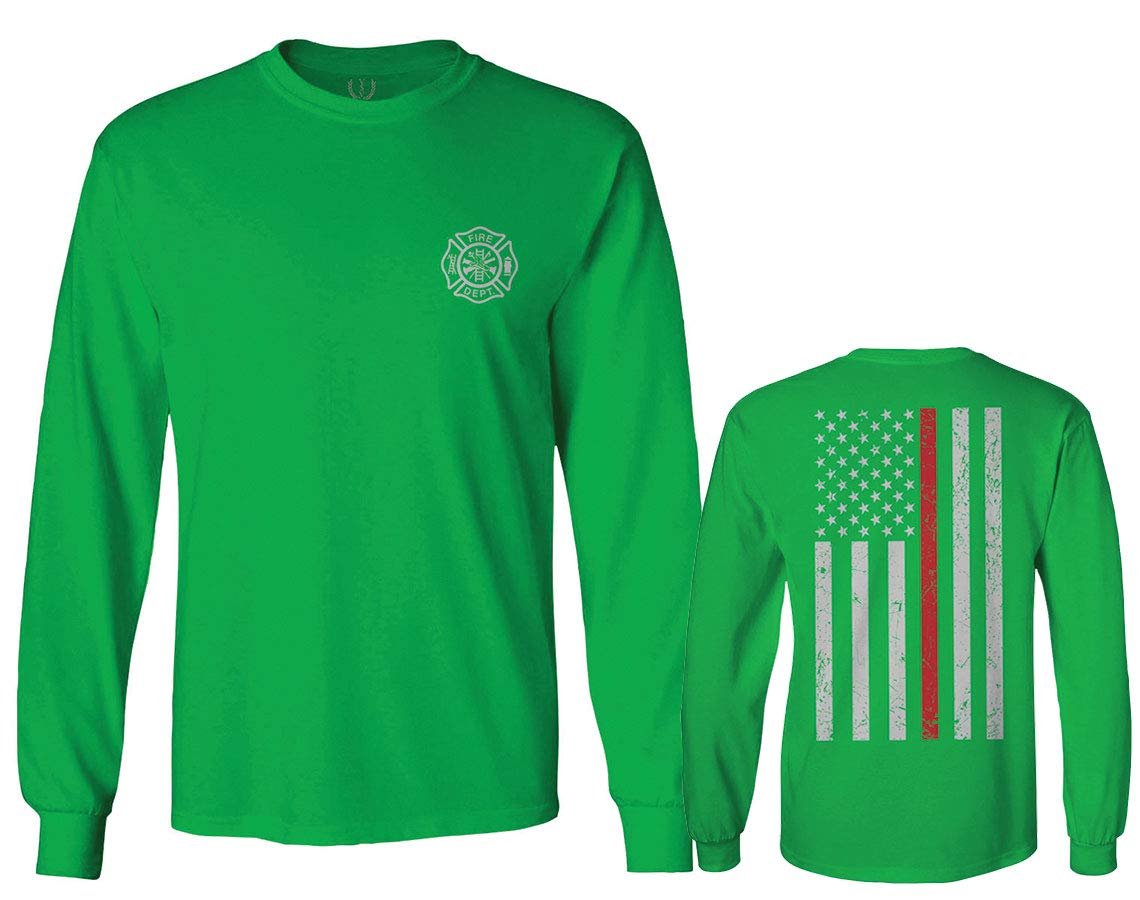 0058. American Flag Thin Red Line Firefighter Support Seal Men's Long Sleeve t Shirt (Irish Green 2X Large)