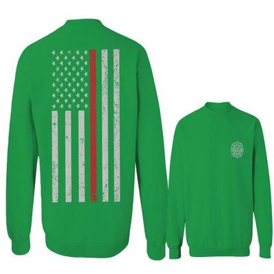0058. American Flag Thin Red Line Firefighter Support Seal Men's Crewneck Sweatshirt (Irish Green Small)