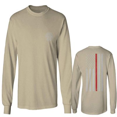 0058. American Flag Thin Red Line Firefighter Support Seal Men's Long Sleeve t Shirt (Beige X-Large)