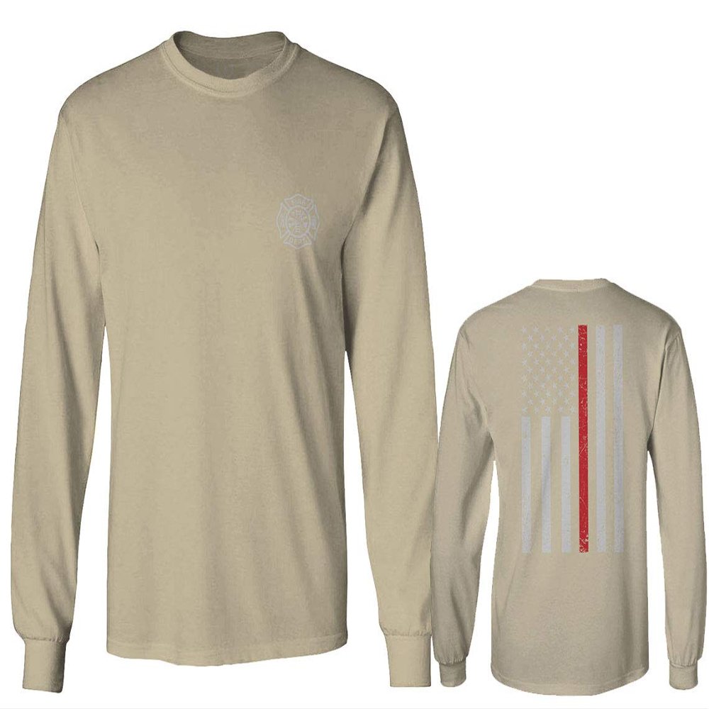 0058. American Flag Thin Red Line Firefighter Support Seal Men's Long Sleeve t Shirt (Beige X-Large)