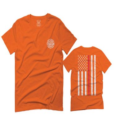 0058. American Flag Thin Red Line Firefighter Support Seal for Men T Shirt (Orange 2X-Large)