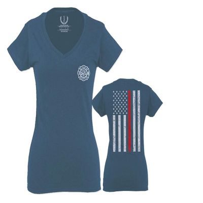0058. American Flag Thin Red Line Firefighter Support Seal for Women V Neck Fitted T Shirt (Indigo Blue Small)