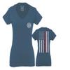 0058. American Flag Thin Red Line Firefighter Support Seal for Women V Neck Fitted T Shirt (Indigo Blue Small)