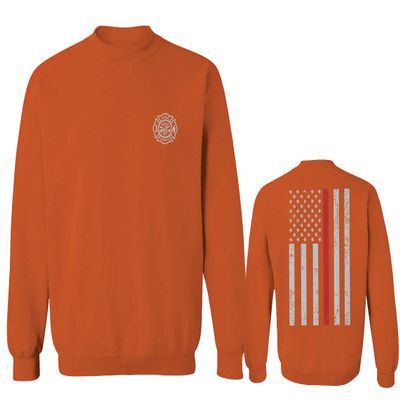 0058. American Flag Thin Red Line Firefighter Support Seal Men's Crewneck Sweatshirt (Orange Large)