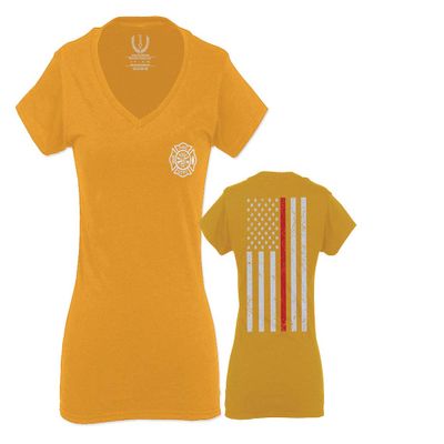 0058. American Flag Thin Red Line Firefighter Support Seal for Women V Neck Fitted T Shirt (Gold Small)