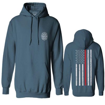 0058. American Flag Thin Red Line Firefighter Support Seal Sweatshirt Pullover Hoodie (Indigo Blue, Medium)