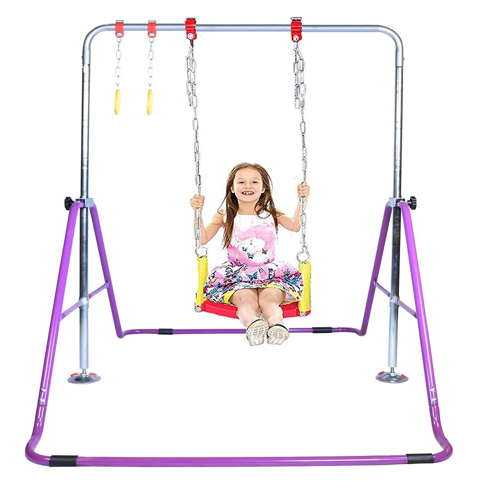 JungleKids Gymnastic Bars for Kids 3 in 1 Set with Swing Seat & 2 Trapeze Rings | Adjustable Height Folding Gymnastics Training Kip Bar for Home | Junior Horizontal Bar Expandable Monkey Bar Purple