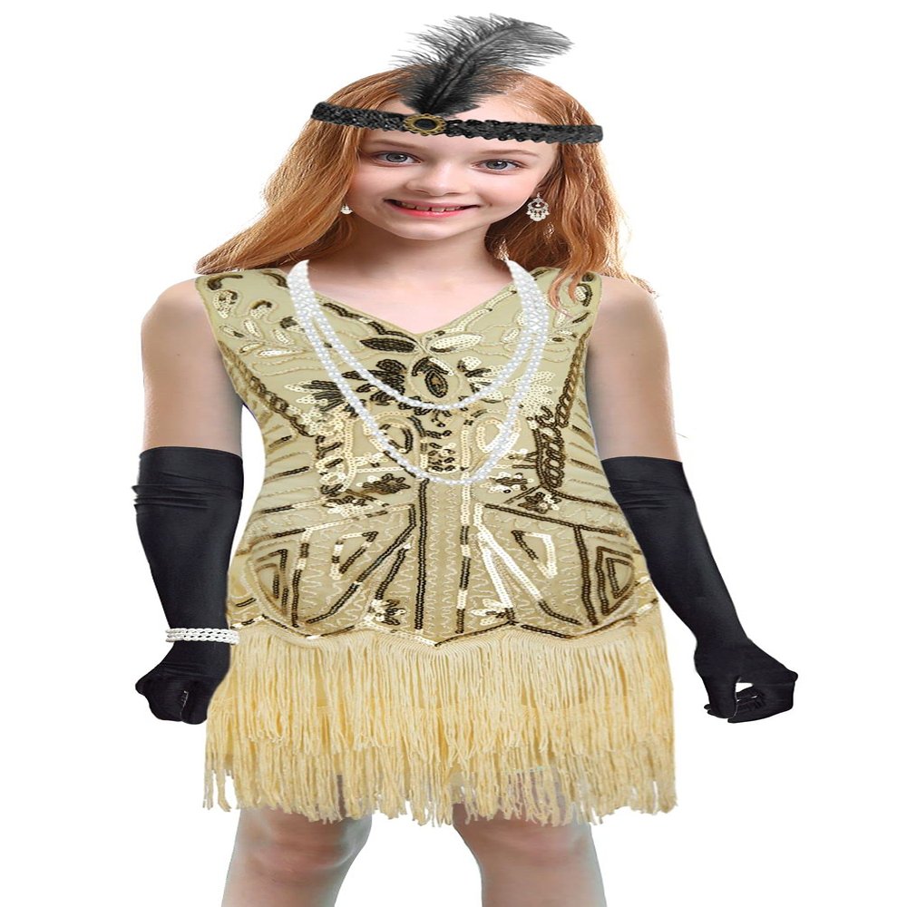 1920s Kids Sequined Fringed Chicken Feather Dress Latin Dance Performance Costume Accessories Set (Large, Style 4 Beige)