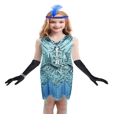 1920s Flapper Dress for Girls Sequined Child's Costume Fringe Dance Performance Dress Accessories Set (Large, Style 5 Baby Blue)