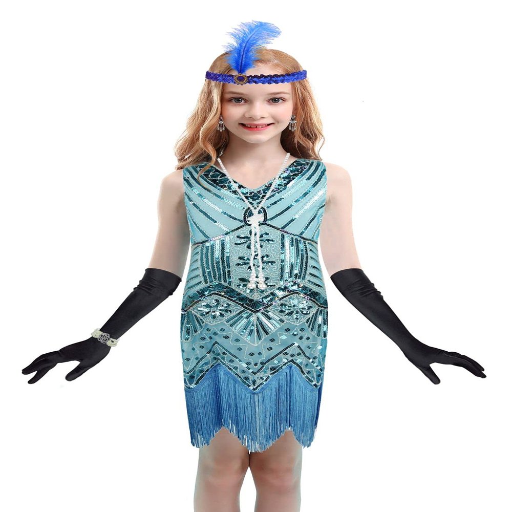 1920s Flapper Dress for Girls Sequined Child's Costume Fringe Dance Performance Dress Accessories Set (Large, Style 5 Baby Blue)