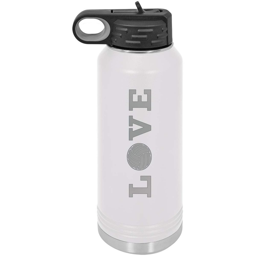 Love Volleyball 32-Ounce Double Wall Insulated Stainless Steel Custom Sports Water Bottle with Flip Top Lid, Straw (White)