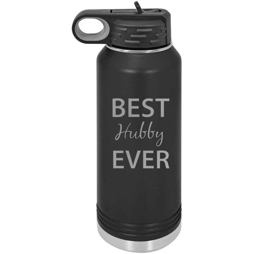 CustomGiftsNow Best Hubby Ever Double Wall Insulated Stainless Steel Engraved Sports Water Bottle with Flip Top Lid, Straw