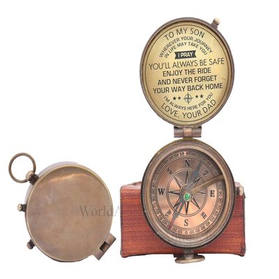 Engraved Brass Antiquated Finish Compass- Handmade Sundial Pocket Compass for Hiking Boating- Antique Poem Compass with Leather Case (Gift for Son)