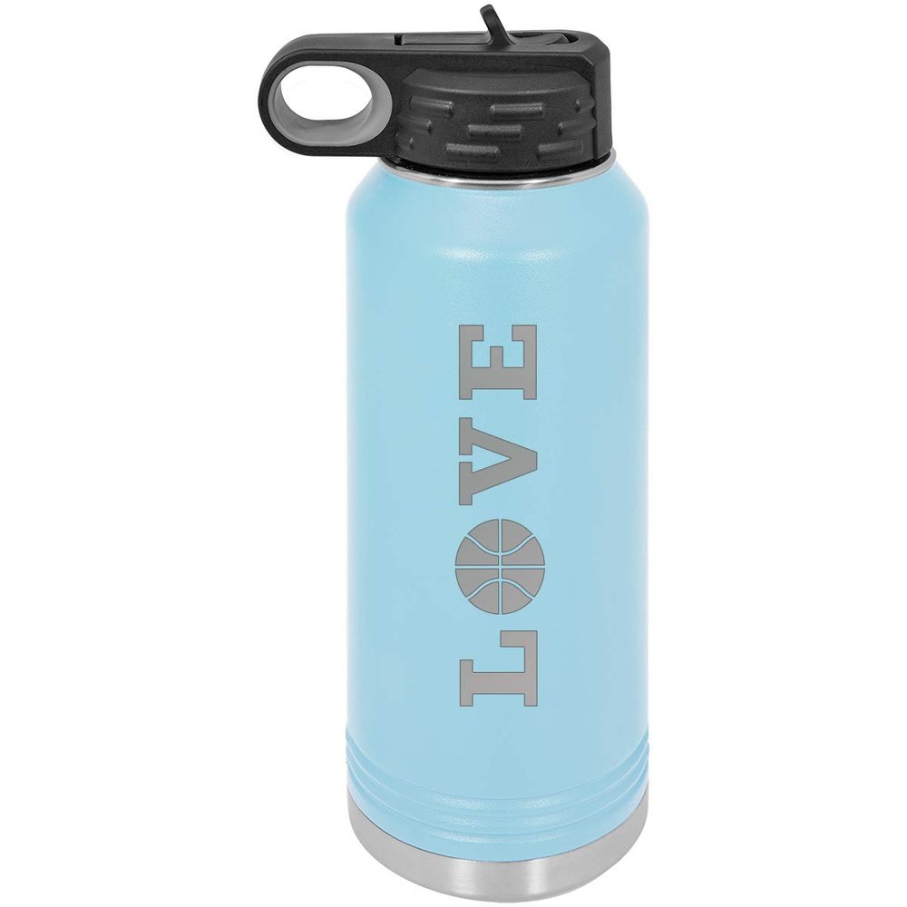 Love Basketball 32-Ounce Double Wall Insulated Stainless Steel Custom Sports Water Bottle with Flip Top Lid, Straw (Light Blue)